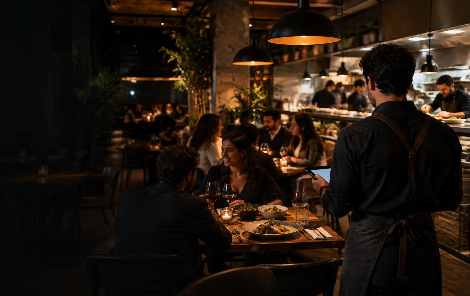 Servicio en un restaurante con clientes, garzón y cocina en actividad